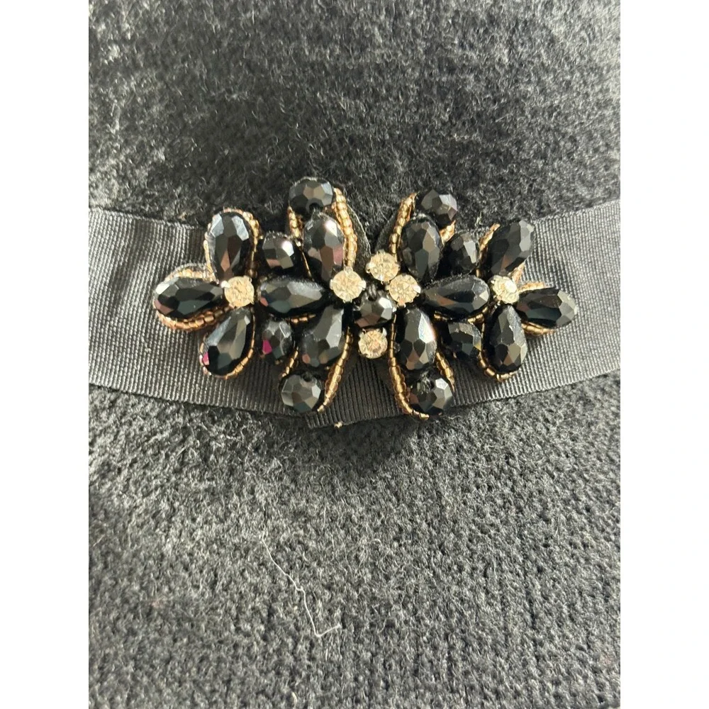 Black Wool Blend Cloche Bucket Hat Rhinestone Floral Accent One Size‎ Vintage